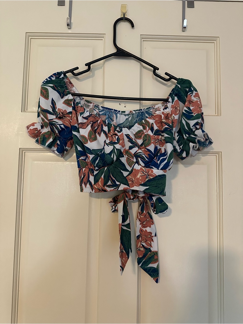 SHEIN White Floral Off-Shoulder Tie-Front Crop Top